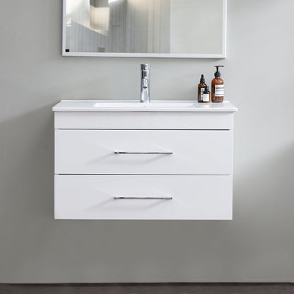 32-Inch White Gloss Wall-Mounted Bathroom Vanity with Double Drawers, Soft-Close System,Ceramic Sink, Create a Modern and Minimalist Bathroom Space!