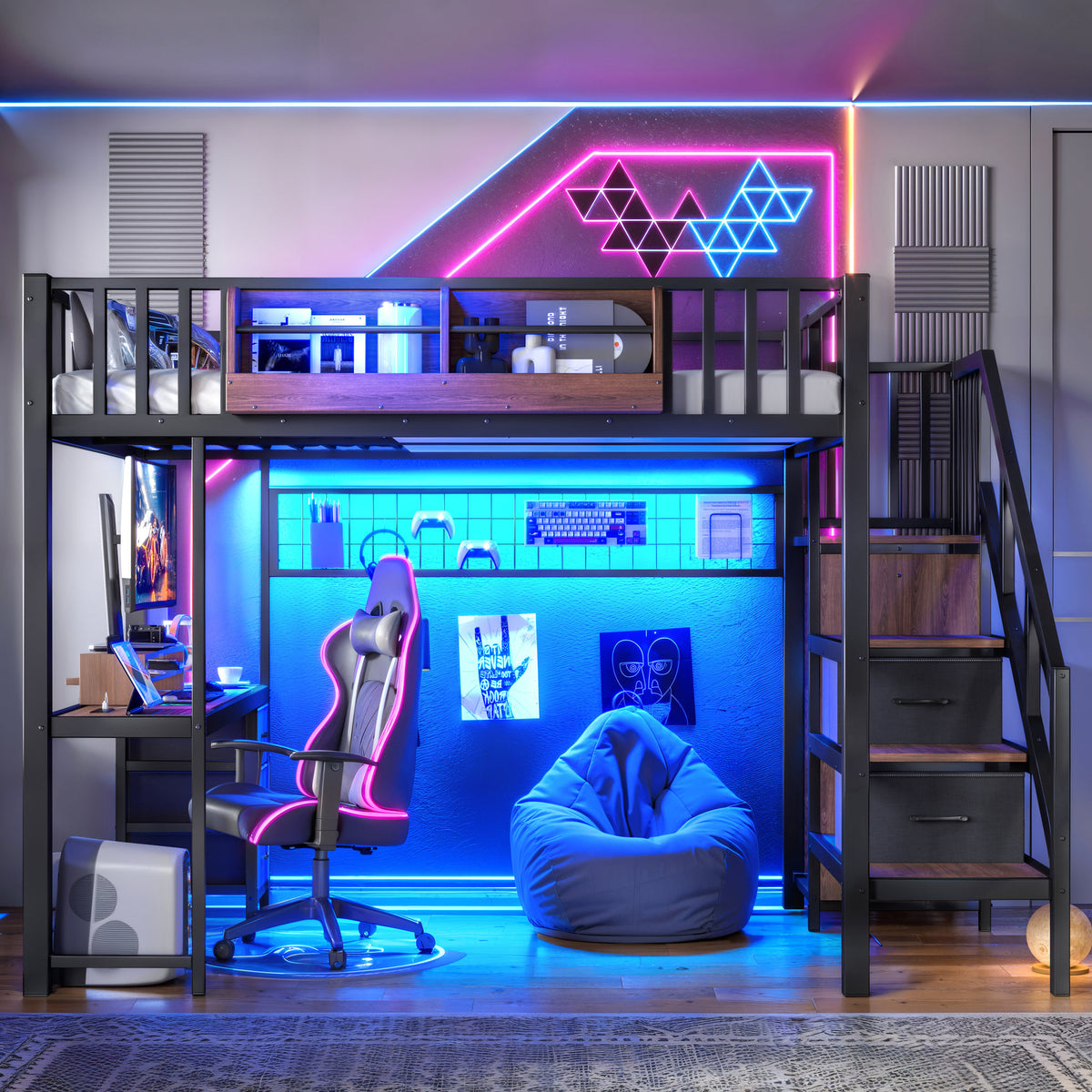 Full Size Loft bed with desk, Heavy Duty save space Loft Bed with Drawers & Storage Stair, All-in-One Metal Frame Multi-Functional Loft Bed for Teens Adults, Black