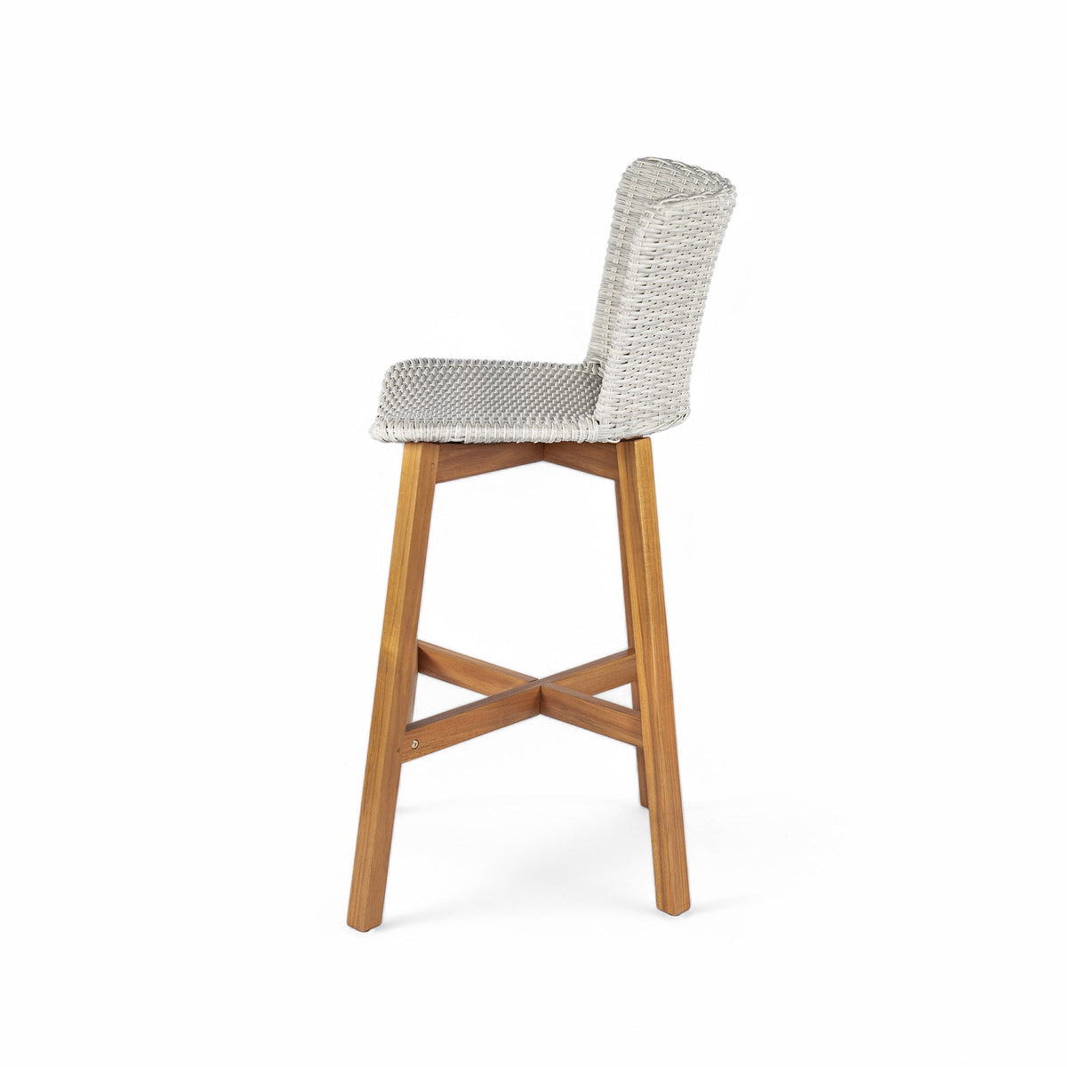 Lymington Outdoor Bar Stool, Teak Finished Wood with Light Grey Wicker, Set of 2