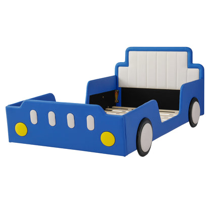 Twin Size Race Car-Shaped Platform Bed with Wheels,Blue
