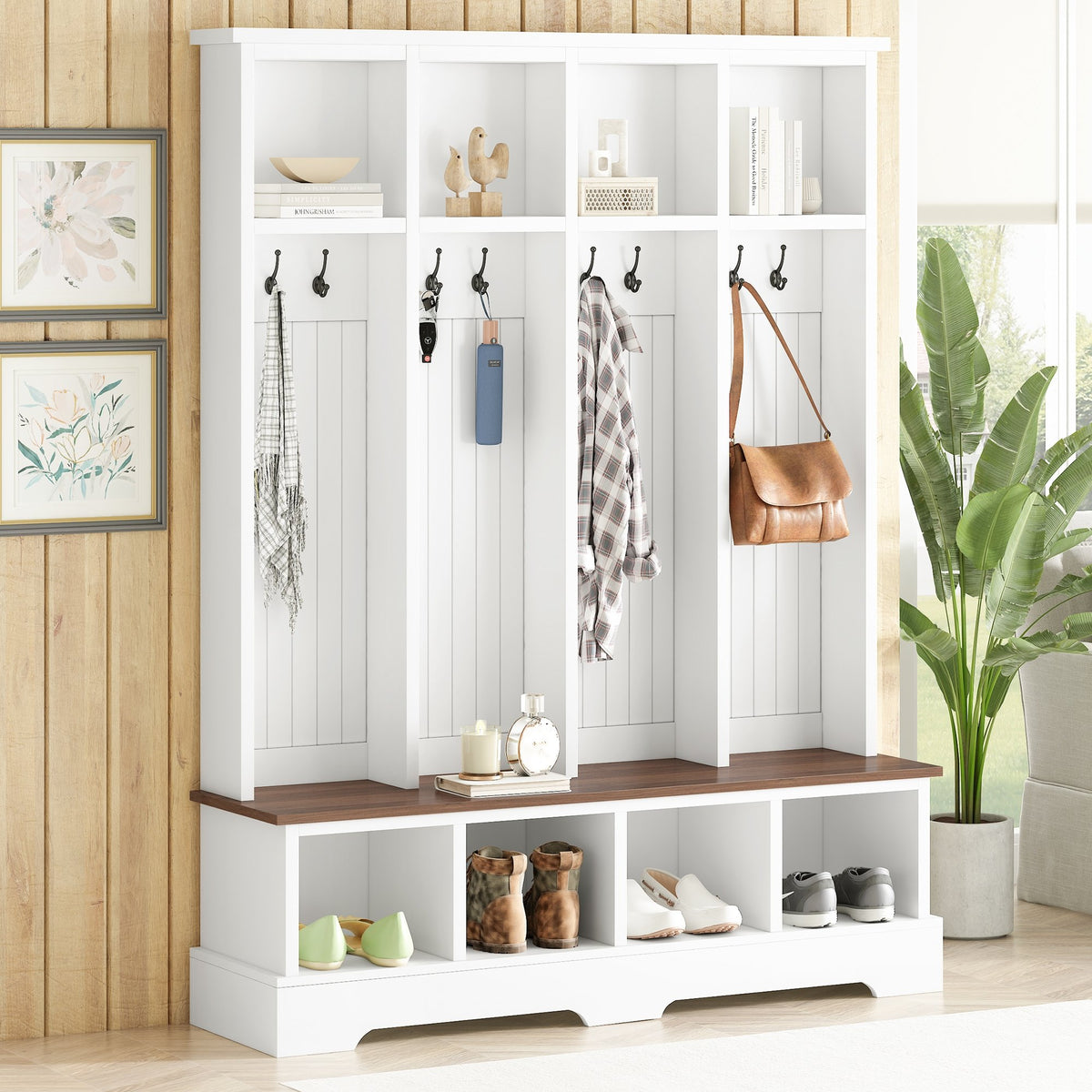 Farmhouse Hall Tree with 8 Hooks, Practical Entryway Bench with Open Compartments, 76.7"H Modern 3-in-1 Wooden Style Coat and Shoe Rack for Mudroom, Living Room, White (OLD SKU: N721S000075K)