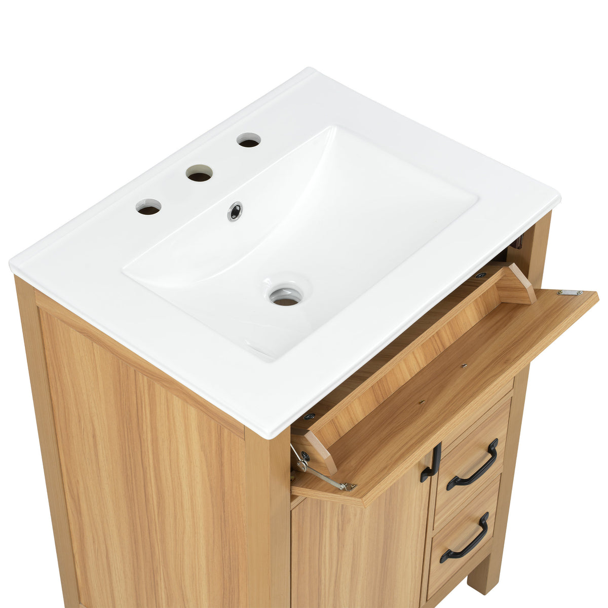 24 Inch Modern Traditional Bathroom Vanity with Ceramic Sink, MDF Cabinet & Solid Wood Legs, Black Zinc Alloy Handles, Wood Grain Melamine Finish