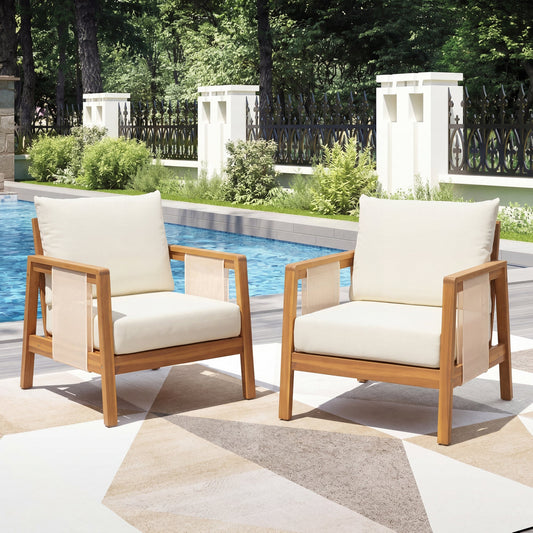 Outdoor Club Chair(Set of 2), Acacia Wood Frame with Brown Textilene Accents, Water-Repellent Beige Cushions for Patio/Backyard/Deck