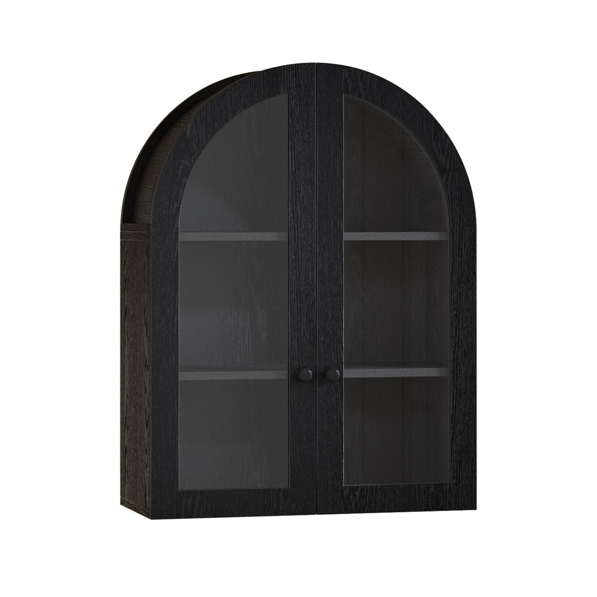 Arched Wall Mounted Cabinet, Wood Veneer Wall Storage Cabinet with Tempered Glass Doors, Adjustable Shelf, Easy Hanging Hardware Included, Decorative Floating Wall Cabinet for Laundry Room, Black