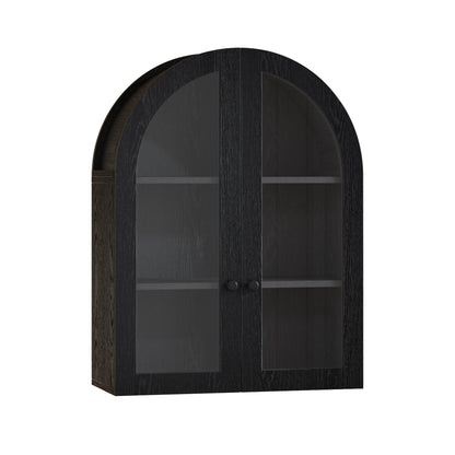 Arched Wall Mounted Cabinet, Wood Veneer Wall Storage Cabinet with Tempered Glass Doors, Adjustable Shelf, Easy Hanging Hardware Included, Decorative Floating Wall Cabinet for Laundry Room, Black