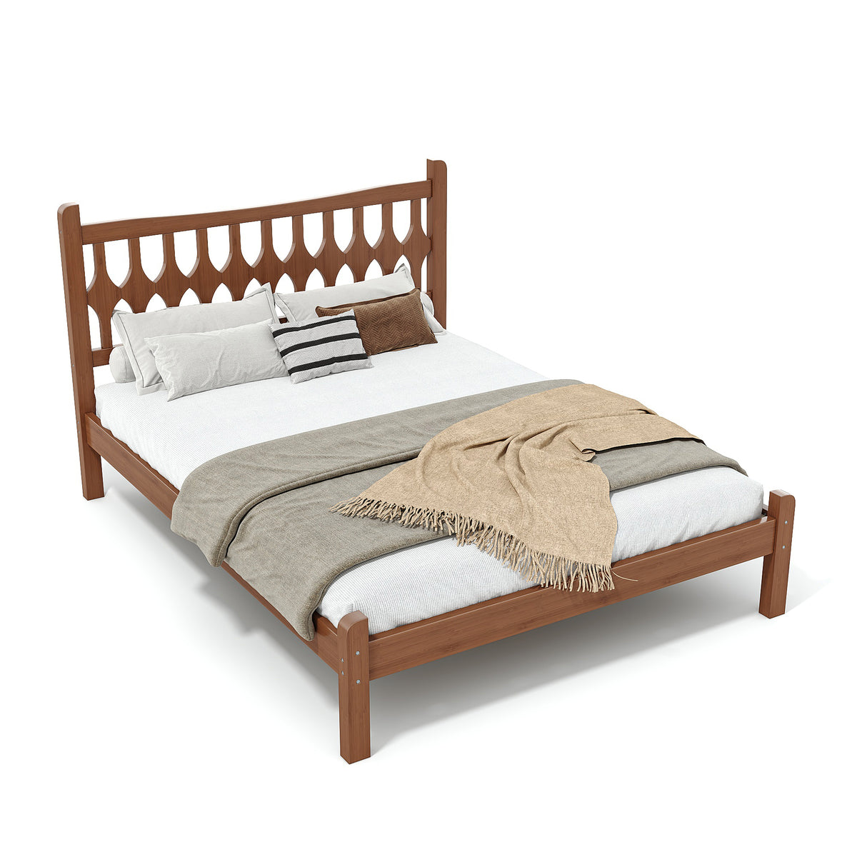 Full Size Bamboo Platform Bed with Diamond-shaped headboard, Solid Bamboo-made Bed Frame with Support Slats, for Bedroom, Guest Rooms, Brown