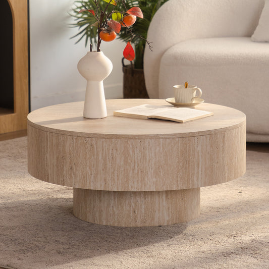 Travertine Beige MDF Round Storage Coffee Table, 27.56 Inch Removable Lid Hidden Storage Drum Cocktail Table, Wabi-Sabi Pedestal Accent Table for Living Room Easy Assembly