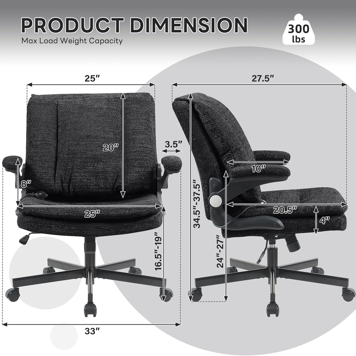 Criss Cross Legged Office Chair with Flip-Up Back Built-In Dynamic Airbag Lumbar Support, Wide Seat Desk Chair with Flip-Up Arms and Wheels, Modern Cross-Leg Chair for Home Office, Vanity, Black.