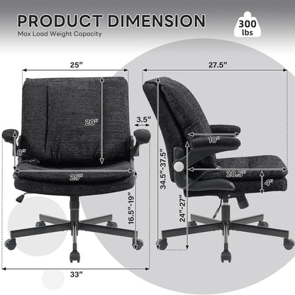 Criss Cross Legged Office Chair with Flip-Up Back Built-In Dynamic Airbag Lumbar Support, Wide Seat Desk Chair with Flip-Up Arms and Wheels, Modern Cross-Leg Chair for Home Office, Vanity, Black.