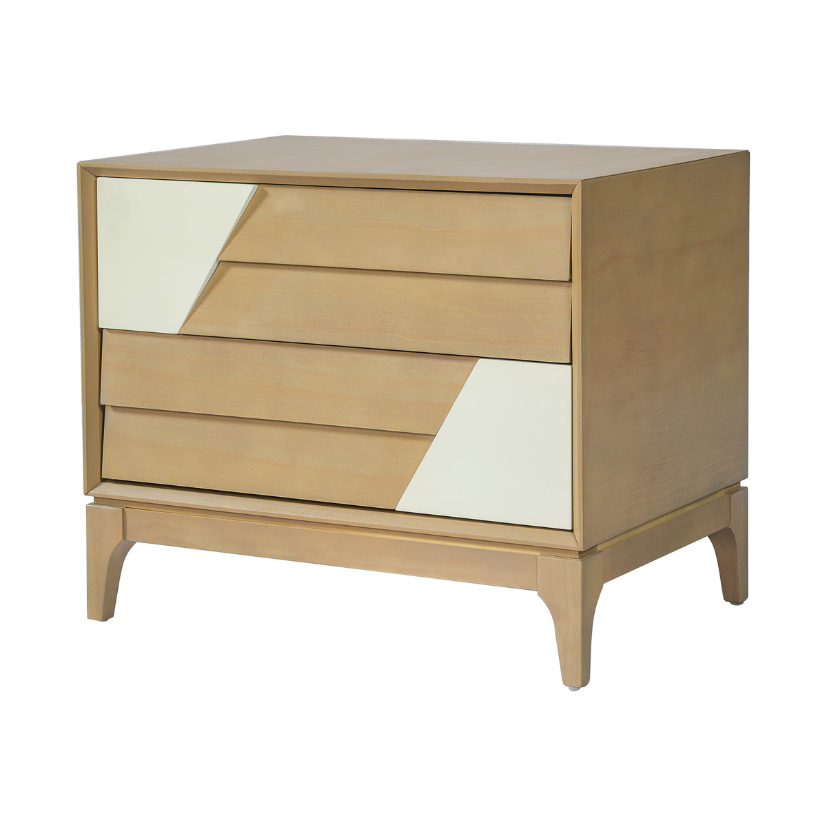Modern Japandi 2-Drawer Nightstand with Two-Tone Geometric Design, Natural & Cream White End Table with Angled Patchwork Detail, Solid Tapered Legs