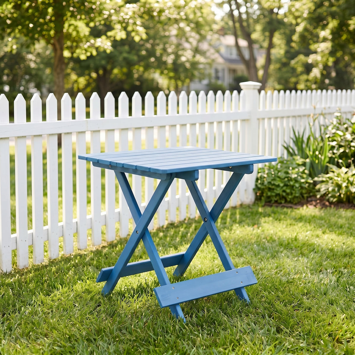 Folding Square Table Patio Outdoor solid wood Table for Backyard, Balcony, Portable Design Space-Saving Blue Color