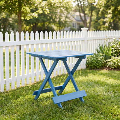 Folding Square Table Patio Outdoor solid wood Table for Backyard, Balcony, Portable Design Space-Saving Blue Color