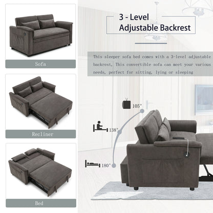 55" Velvet Two Seater Pull Out Sofa Bed, Adjustable Backrest With USB Ports, Two Side Pockets, 3 in 1 Convertible Sleeper Sofa Bed