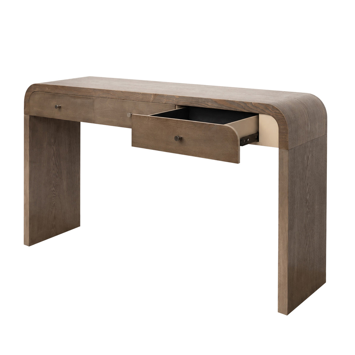 Dark Brown Curved Design 3-Drawer Long Console Table,  Entryway Sofa Table with Gold Pull Handles, Storage Accent Table for Living Room Hallway Foyer