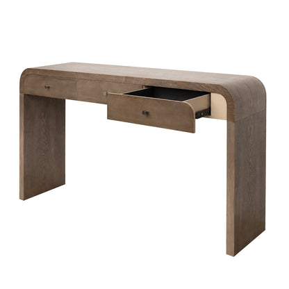Dark Brown Curved Design 3-Drawer Long Console Table,  Entryway Sofa Table with Gold Pull Handles, Storage Accent Table for Living Room Hallway Foyer
