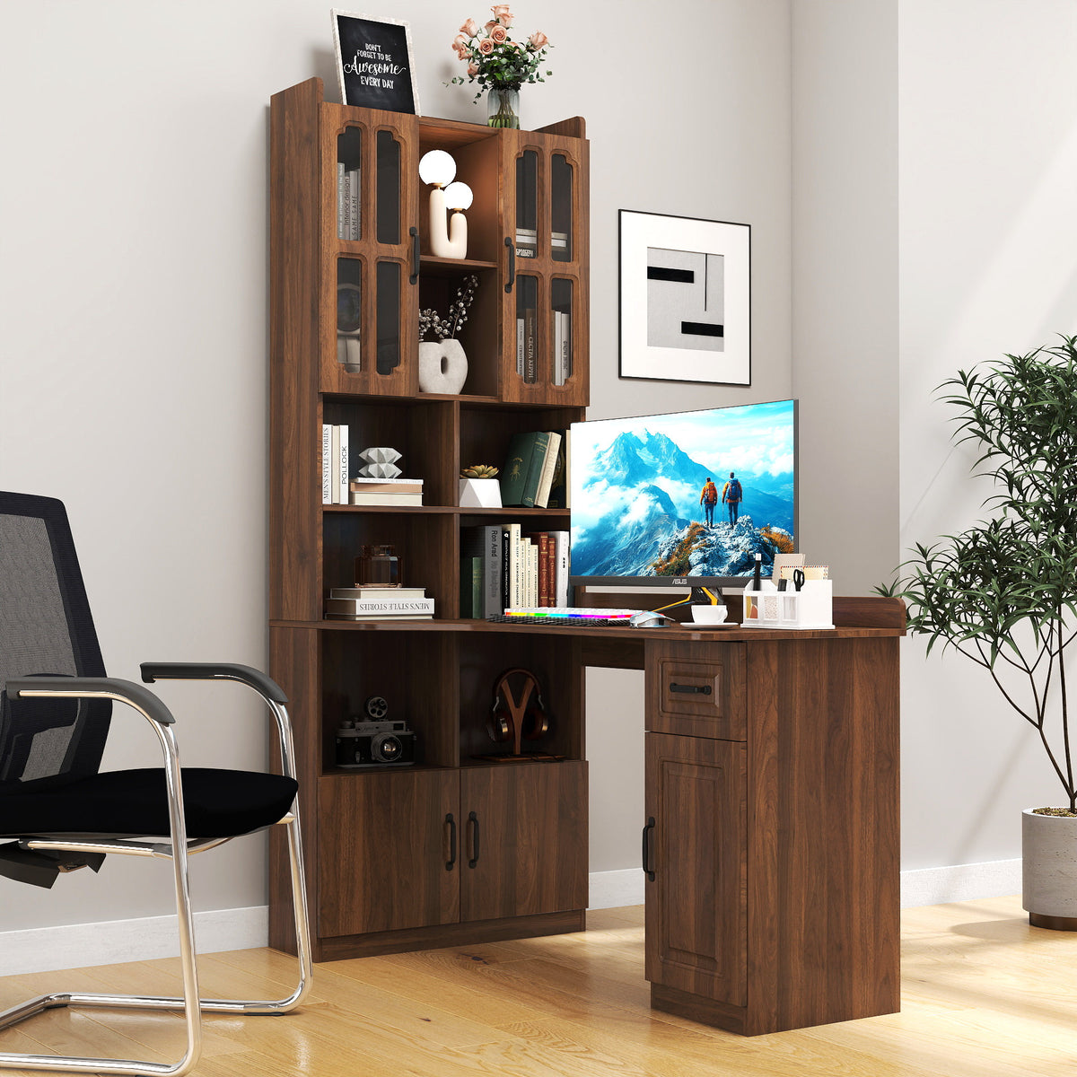 L-Shaped Corner Computer Desk for Home Office or Study desk, Study Modern Style Table with Drawers, Bookshelf & Hutch – Walnut