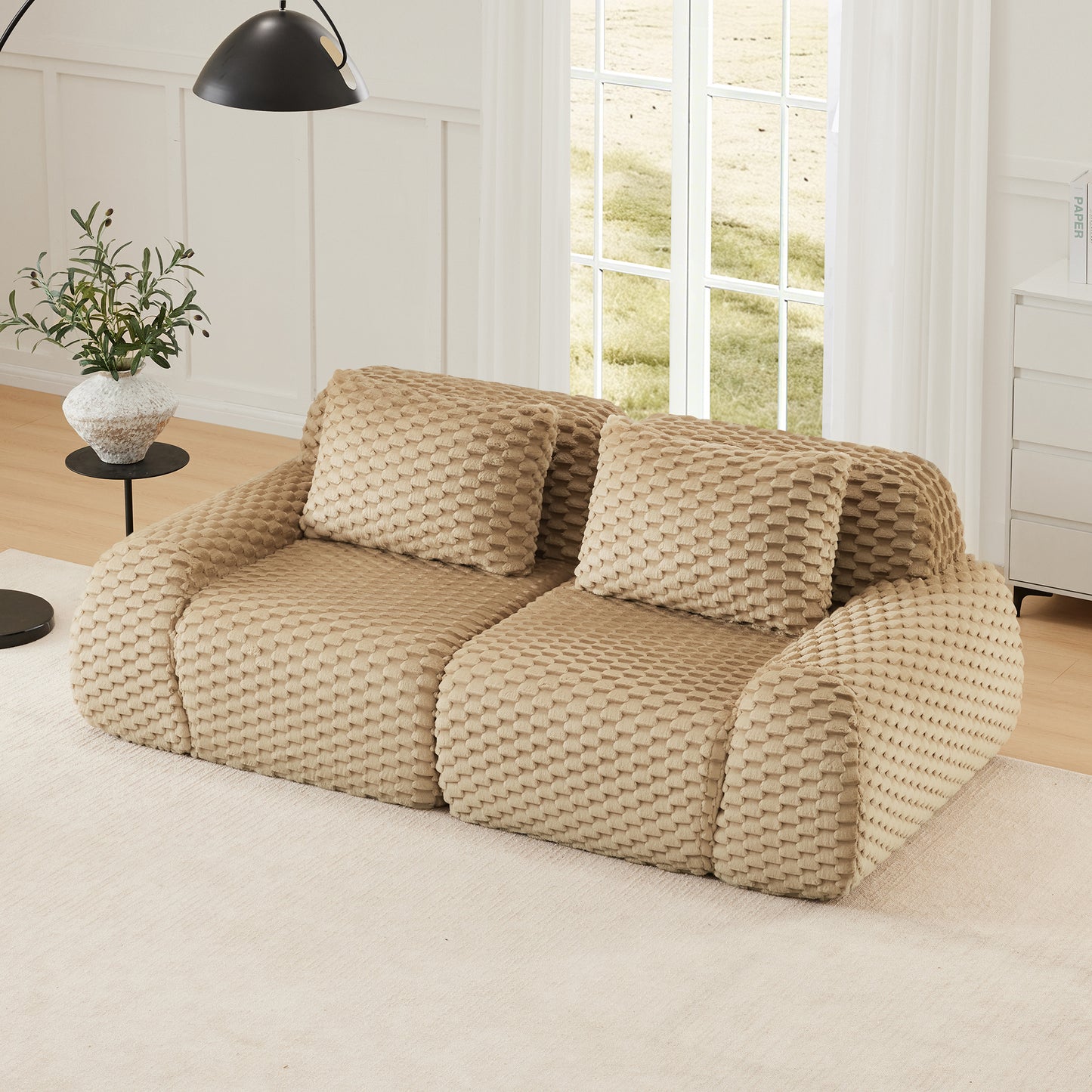 82' Modern Modular Sectional Sofa for Living Room,Flannelette Fabric,highly textured,Oversized 2-Seater Couch with Deep Seat,Buckle connection,Anti-slip Design,No Assembly,boneless sofa,Light Camel