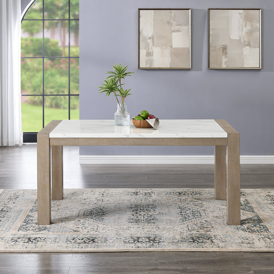 Zelalle Dining Table, Faux Marble Paper Top and White Wired-Brushed Finish
