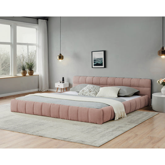 California King size Upholstered Bed Frame with Thick Fabric, Chenille Fabric Grounded California King Platform Bed with Headboard and Solid Frame. No Box Spring Needed-Pink