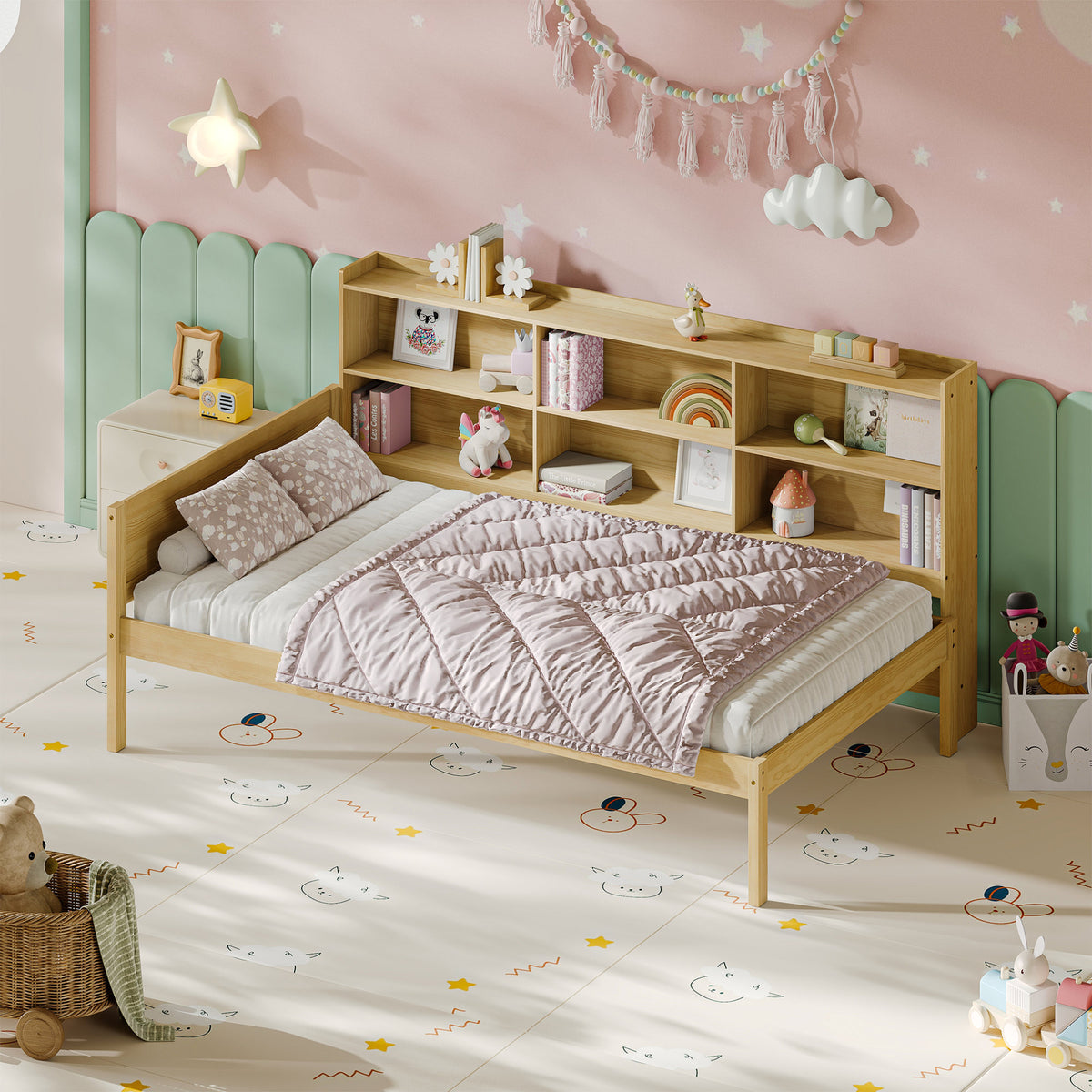 Twin Size Solid Wood Single Bed with Large Multi-compartment Storage Headboard Bookshelf, Simple Solid Wood Bed Frame, Multi-functional Storage Bed for Bedroom,Natural