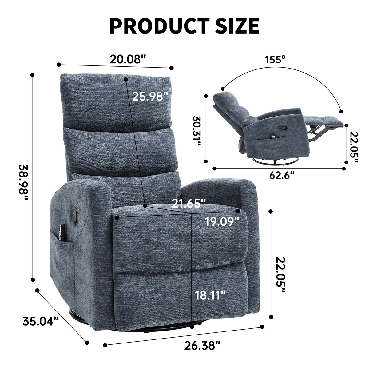 Heat Massage Manual Recliner Chair with Rocker and Swivel in Fabric, Blue – Model W3224P322248