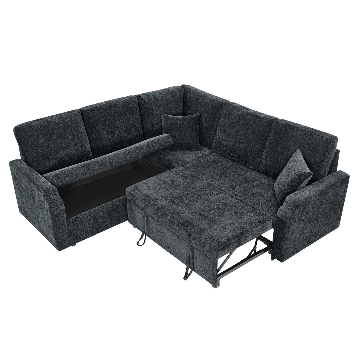 81.2'' Modular Sectional Sofa with Pull Out Bed, 5-Seater L Shaped Sectional Sleeper Couch with Hidden Storage, Chenille Convertible Couches for Living Room, Apartment (Black)