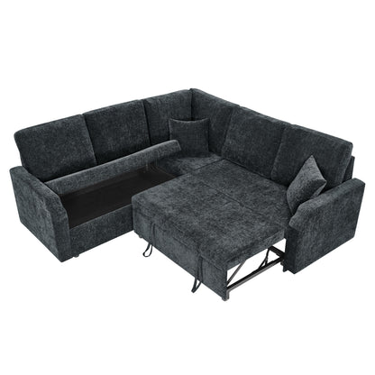 81.2'' Modular Sectional Sofa with Pull Out Bed, 5-Seater L Shaped Sectional Sleeper Couch with Hidden Storage, Chenille Convertible Couches for Living Room, Apartment (Black)