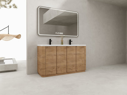 60'' Freestanding Bathroom Vanity with White Resin Sink, 4-Soft-Close Door, KD-Packing, Plywood, Imitative Oak