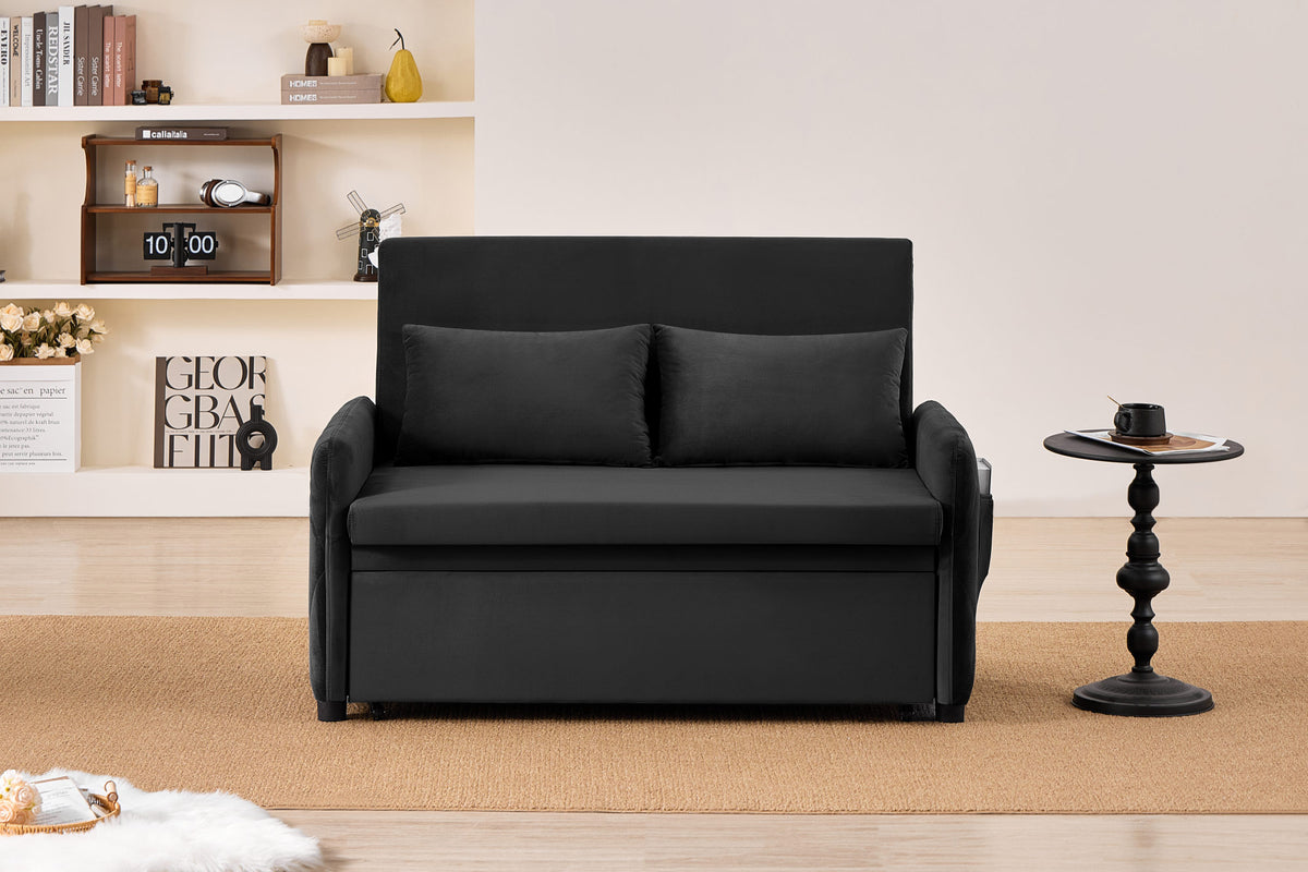 51.2' Velvet Convertible Sleeper Sofa Bed, 5-Position Adjustable Backrest Loveseat with Pull-Out Bed, Side Pocket, Multi-Functional 2-Seater Couch for Living Room, Apartment, Small Space