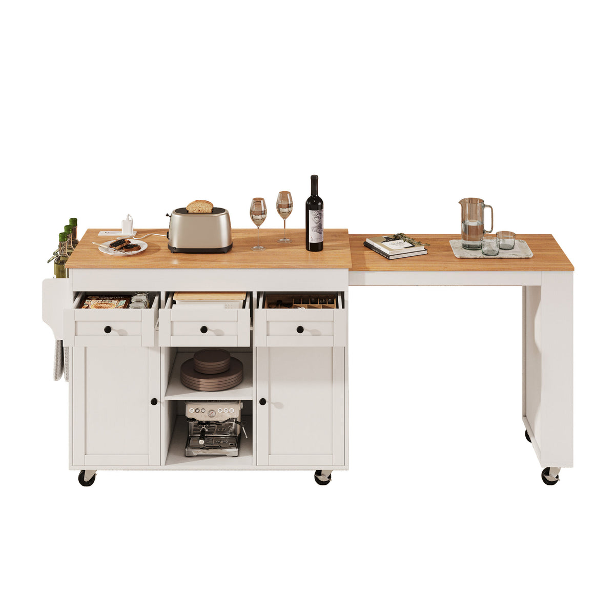 K&K 85.5" Kitchen Island with Extendable Dining Table, Kitchen Storage Table with 3 Side Open Shelves – White