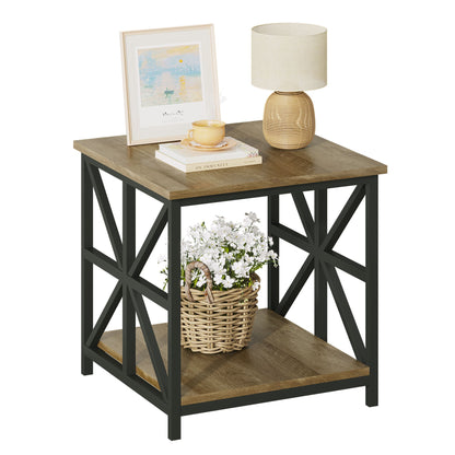 24" End Table with Storage, 2-Tier Side Table with Open Shelves for Living Room, Bedroom Nightstand, Farmhouse Accent Table, Grey Wash