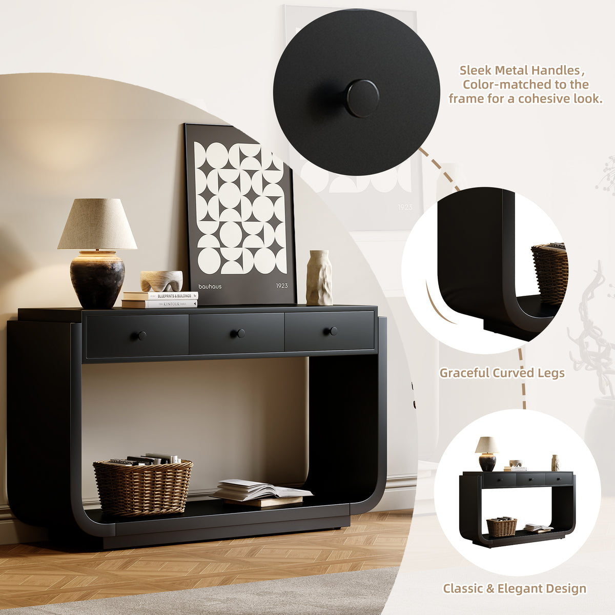 Classic-Style Console Table, 3 Storage Drawers, Display Shelf, Curved Legs, Painted Finish, Black