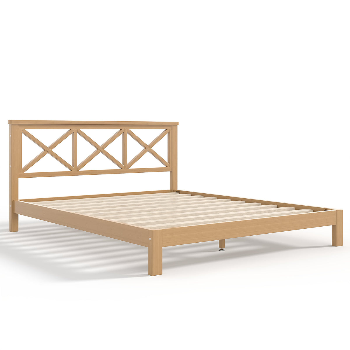Queen Platform Bed with ''X'' Design Headboard, Bamboo-made Bed Frame Queen Size with Suppport Slats, Mid-century Style, Natural