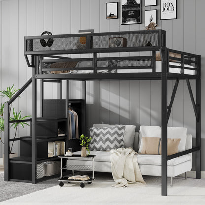 Full Size Loft Bed with Stairs, Metal Full Loft Bed with Storage Shelves, High Loft Bed with Wardrobe for Kids Teens, Black(Expect Arrival Date 2025/9/20)