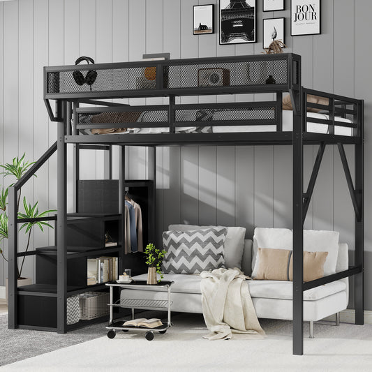 Full Size Loft Bed with Stairs, Metal Full Loft Bed with Storage Shelves, High Loft Bed with Wardrobe for Kids Teens, Black(Expect Arrival Date 2025/9/20)