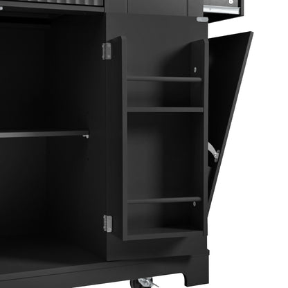 K&K Fluted Kitchen Island with Trash Can Storage Cabinet, Power Outlet, Internal Storage Rack – Black