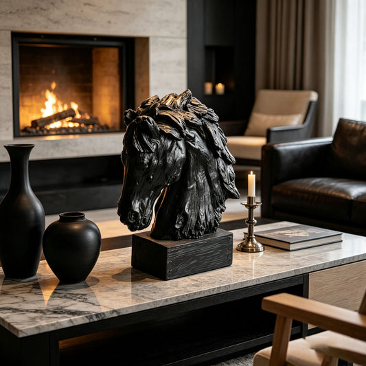 Black Rustic Horse Head Sculpture with Base, 19''  Vintage Wood Texture Resin Horse Bust Statue Decor, Farmhouse Western Tabletop Horse Figurine Ornament for Home Office Desk Shelf Decor