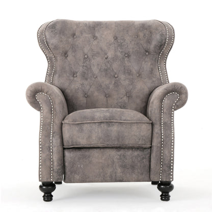 Modern Manual Push Back Recliner Chair in Brown Gray Microfiber with Rolled Arms, Nailhead Trim & Rubber Wood Legs, 3-Position Adjustable for Living Room, Bedroom, Home Theater