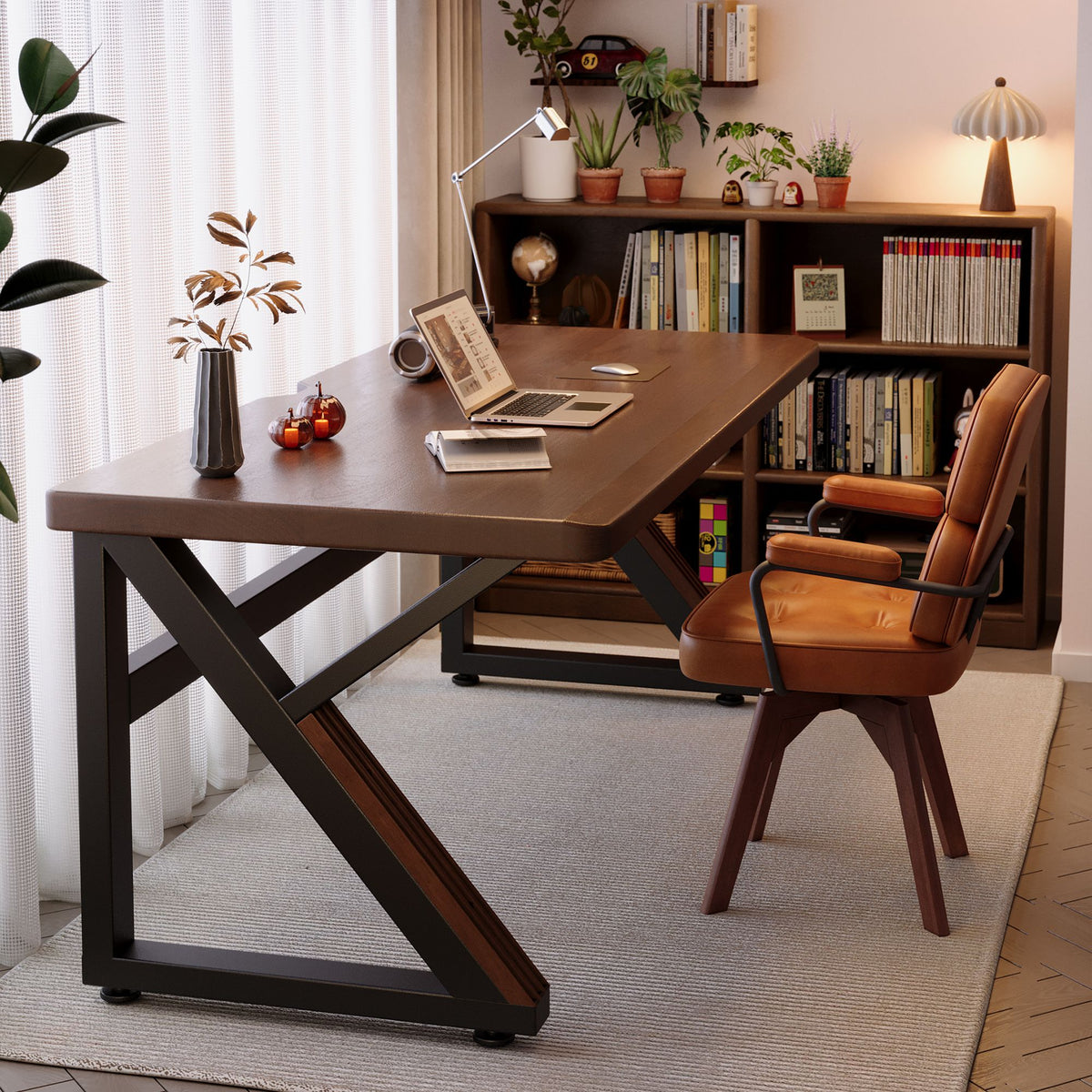 Solid Wood 55.1-Inch Extra Long Desk,Thickened Desk,Two Person Double Desk for Home Office, Wooden Long Computer Desk,Writing Table for Office, Walnut