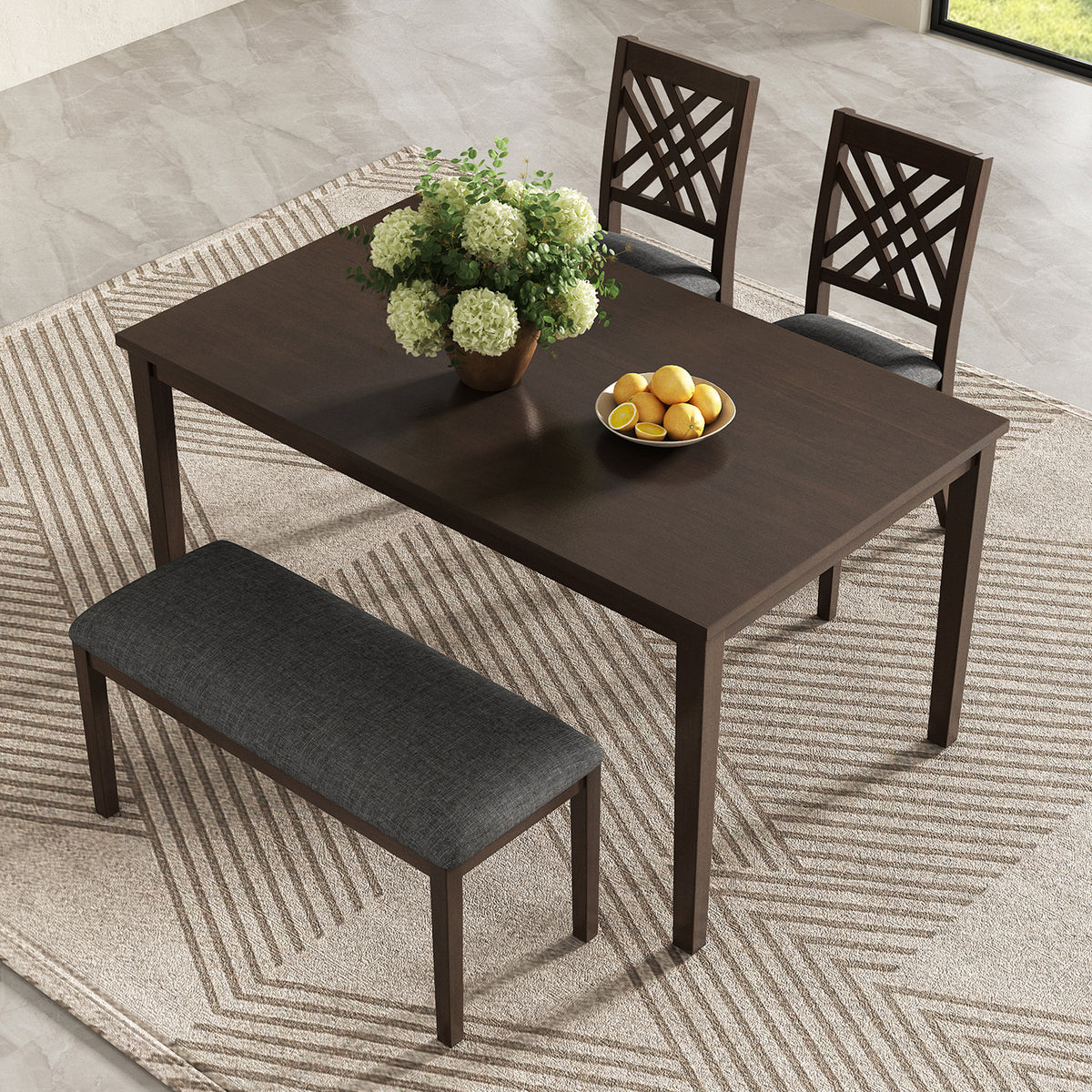 Dining Table Set for 4, Kitchen Table Set with 2 Cross Back Dining Chairs & 1 Upholstered Bench, Space Saving Design, Rubberwood Leg Dining Room Set for Small Space, Walnut + Gray Cushion