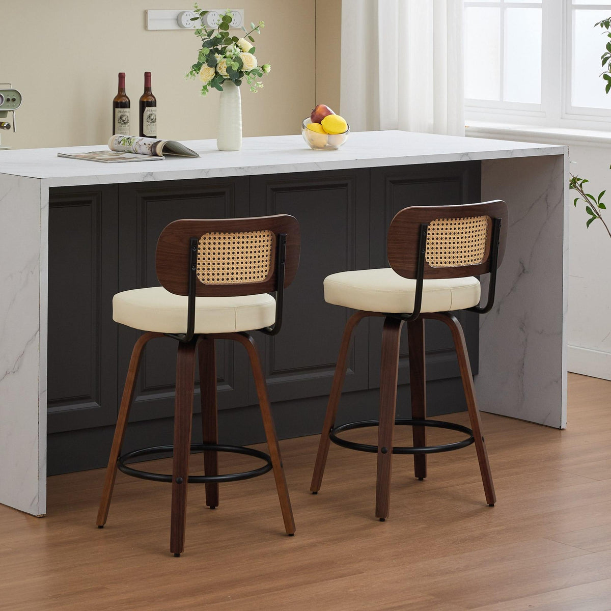 Set of 2 Counter Height Bar Stools - 26 inch Rattan Counter Height Stools with Cane Back, Upholstered Seat, Walnut Craftsmanship, Swivel Counter Stools for Island/Kitchen/Counter/Bar (Walnut /Beige)