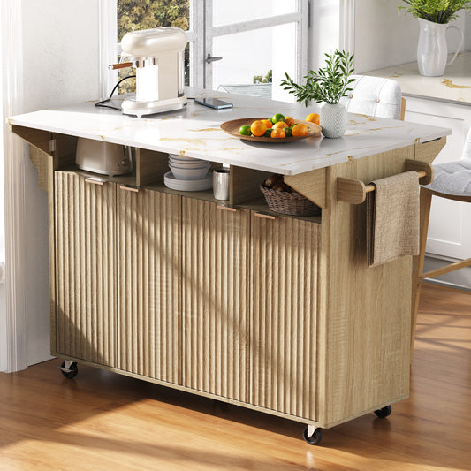 K&K 55.5" Fluted Kitchen Island with 2 Drop Leaf, Kitchen Storage Cart with Power Outlet, 4 Doors, Spice rack, Rolling Island Table with Faux Marble Top, Curved Edge for Kitchen, Dining Room,Natural