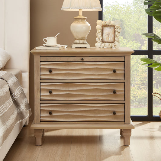 3 Drawer Nightstand with Charging Station, Bedside Table for Bedroom Wave-textured drawer fronts, built-in USB and Type-C charging, and spacious storage for bedside essentials