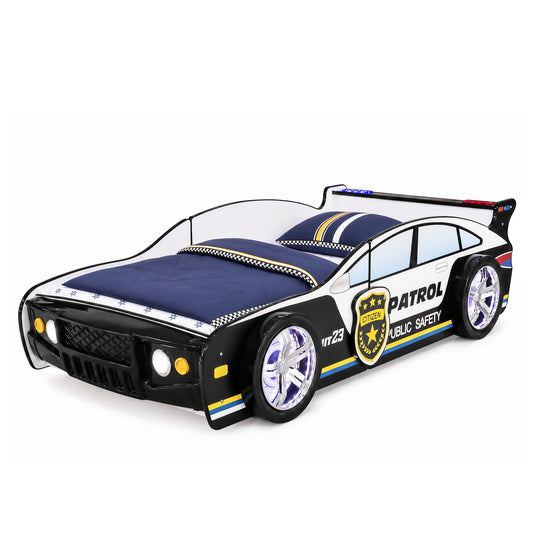 84" Kids Police Car Bed Frame, Patrol Car Design with LED Wheel Lights and Flashing Red & Blue Lights