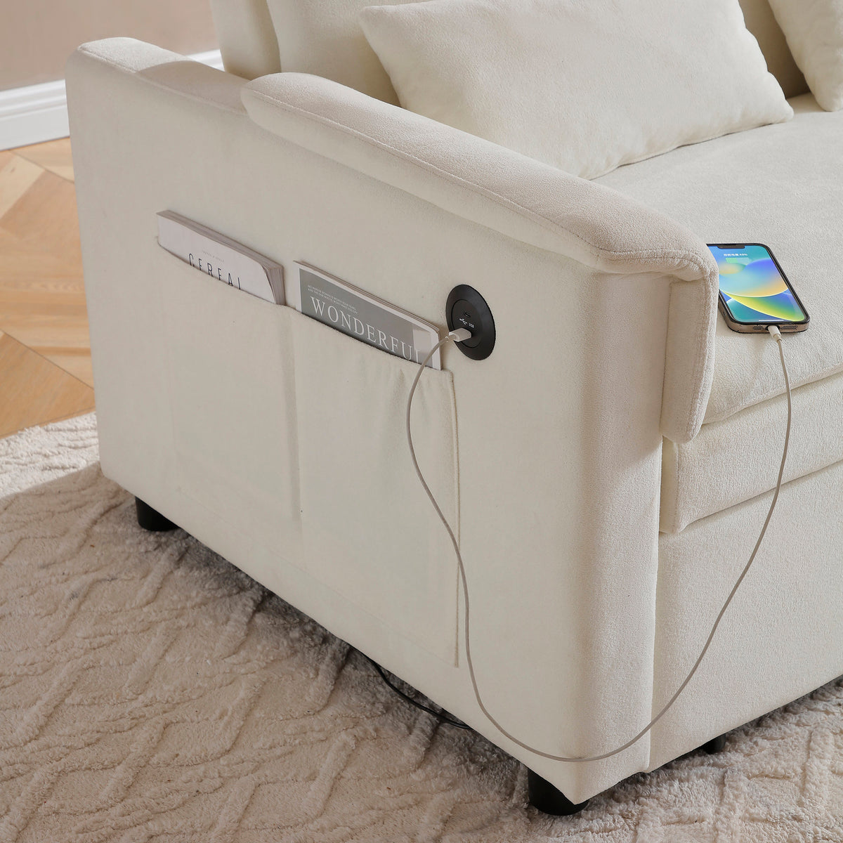 55' Velvet Two Seater Pull Out Sofa Bed, Adjustable Backrest With  USB Ports, Two Side Pockets, 3 in 1 Convertible Sleeper Sofa Bed, Modern Love Seat Lounge,2 waist pillows for living rooms,BEIGE