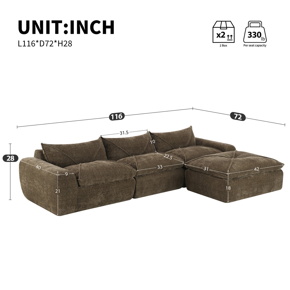 [VIDEO]116'' Fully Compressed Sofa with High Density Foam, Integrated Backrest&Seat Cushion, Decorative Edging – Brown