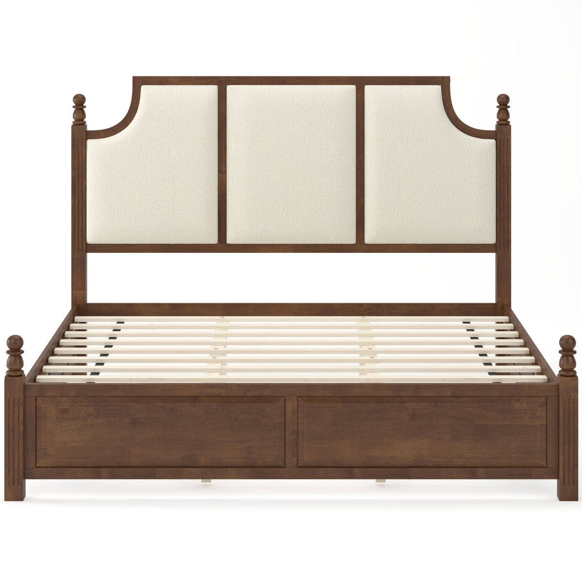 King Size Farmhouse Solid Wood Platform Bed Frame, with 50.8" Tall Beige Linen Upholstered Headboard, decorative turned bed posts, No Box Spring Needed, Walnut
