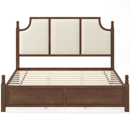 King Size Farmhouse Solid Wood Platform Bed Frame, with 50.8" Tall Beige Linen Upholstered Headboard, decorative turned bed posts, No Box Spring Needed, Walnut