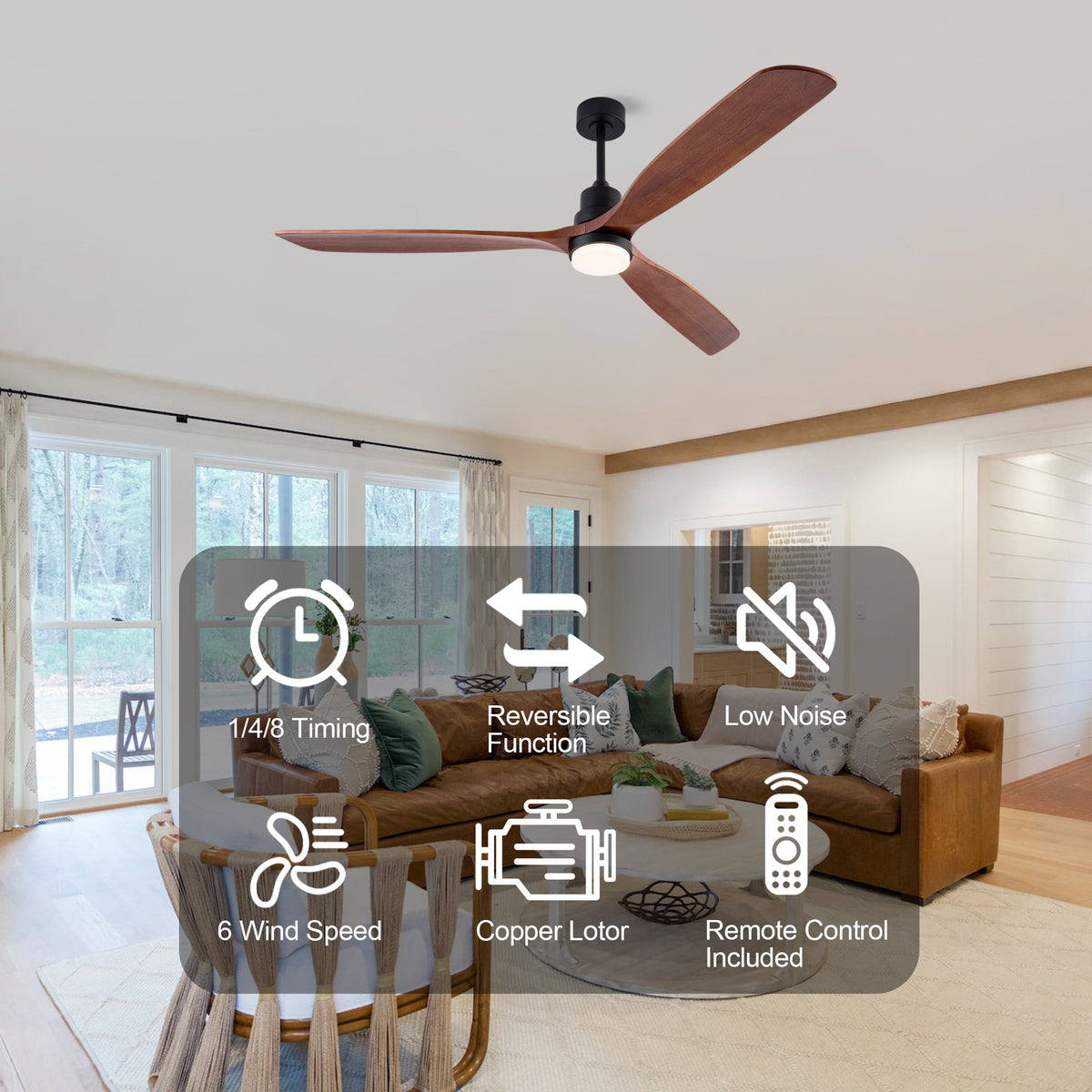 72 Inch Ceiling Fan with LED Light, 3‑Blade Black Walnut Wooden Fan, DC Motor, 6‑Speed & 1/4/8H Timer, Matte Black Iron, For Large Living Room Farmhouse Indoor