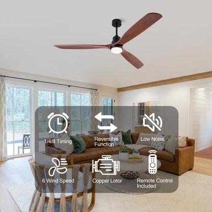 72 Inch Ceiling Fan with LED Light, 3‑Blade Black Walnut Wooden Fan, DC Motor, 6‑Speed & 1/4/8H Timer, Matte Black Iron, For Large Living Room Farmhouse Indoor